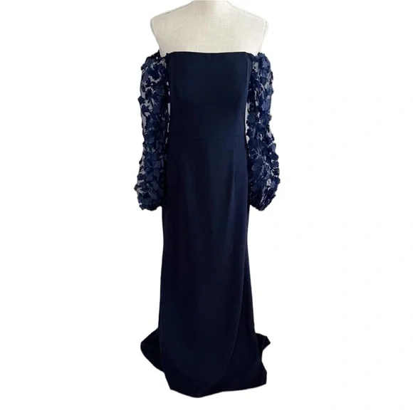 ELIZA J Off The Shoulder 3D Floral Sleeve Navy scuba crepe Blue Gown size 8 - Picture 7 of 13